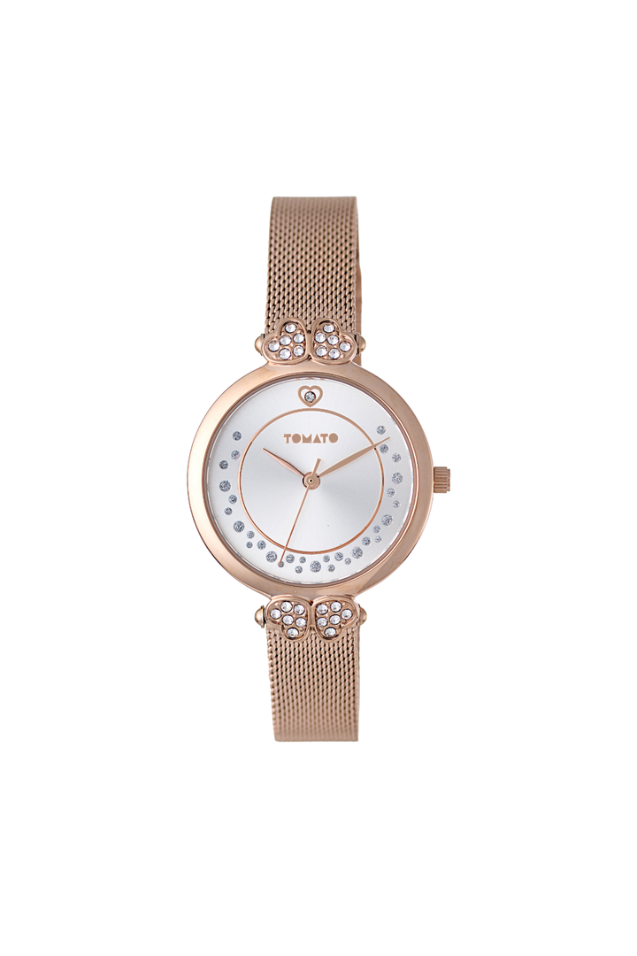 32Mm Mesh & Stones Watch + Link Heart Bracelet - Rose Gold