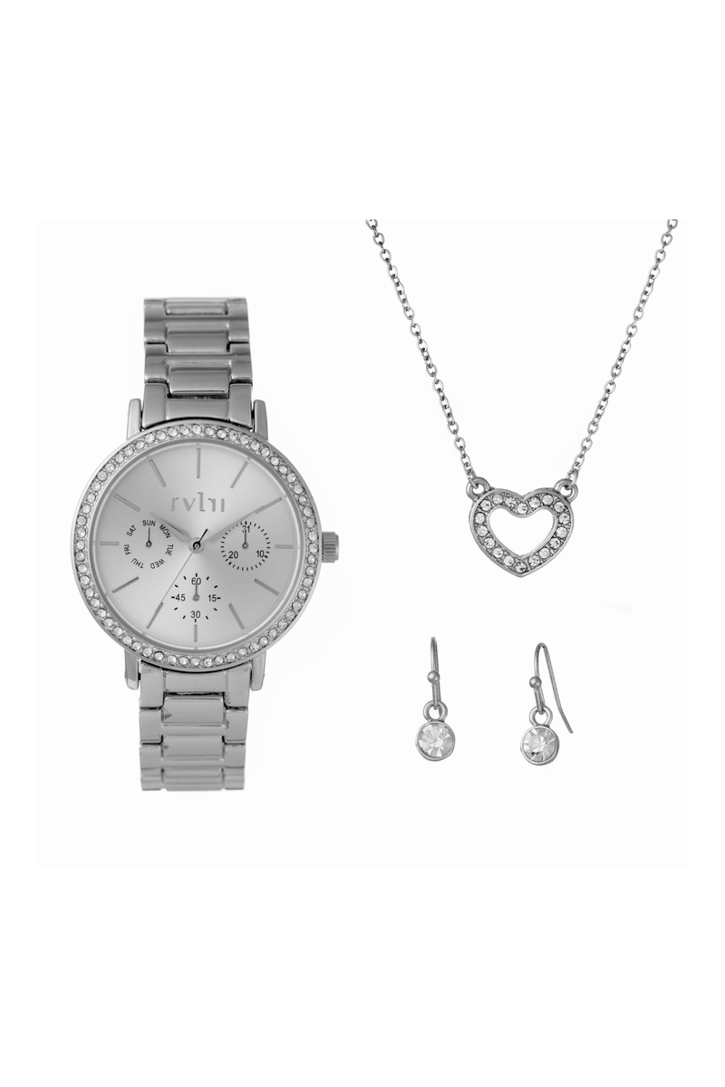 36mm Stone Sliver Case and Dial With Earrings Set - Silver