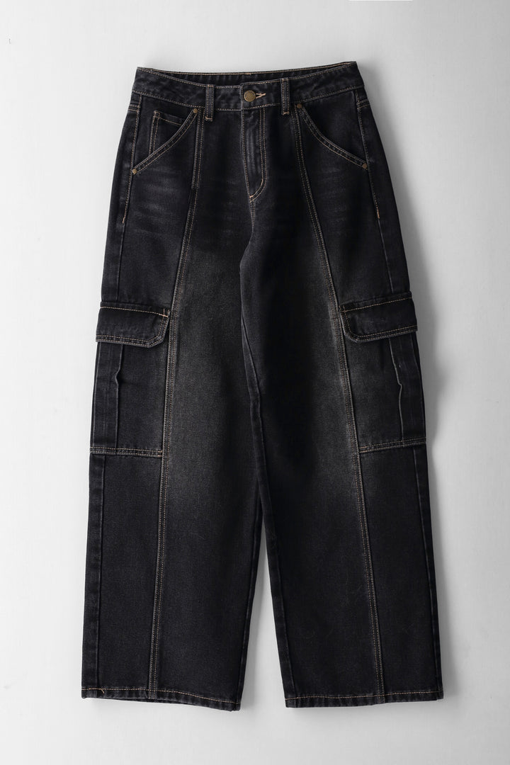 Girls Baggy Panel Cargo Jeans - Black