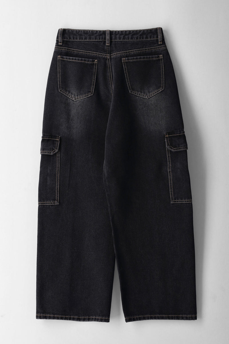 Girls Baggy Panel Cargo Jeans - Black