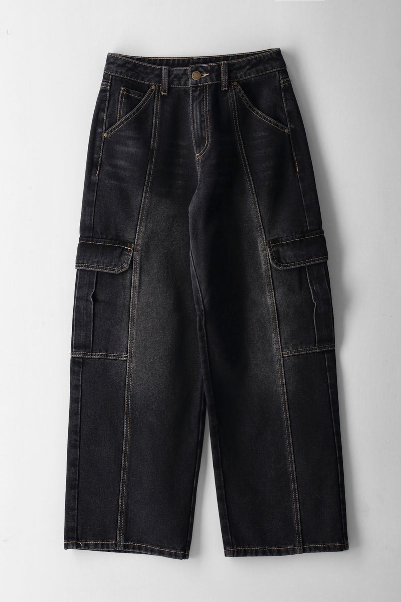 Girls Baggy Panel Cargo Jeans - Black