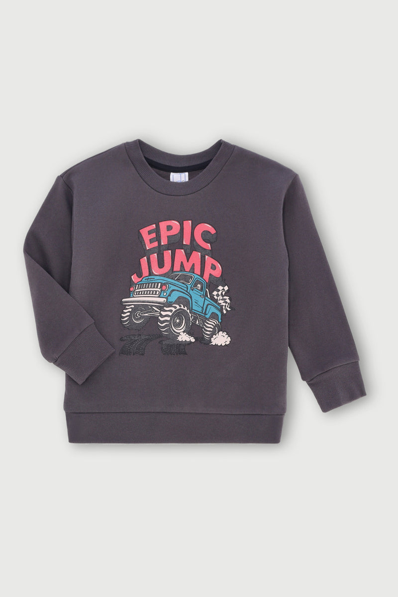 Pre-Boys Printed Monster Truck Fleece Crew Top - Dark Grey