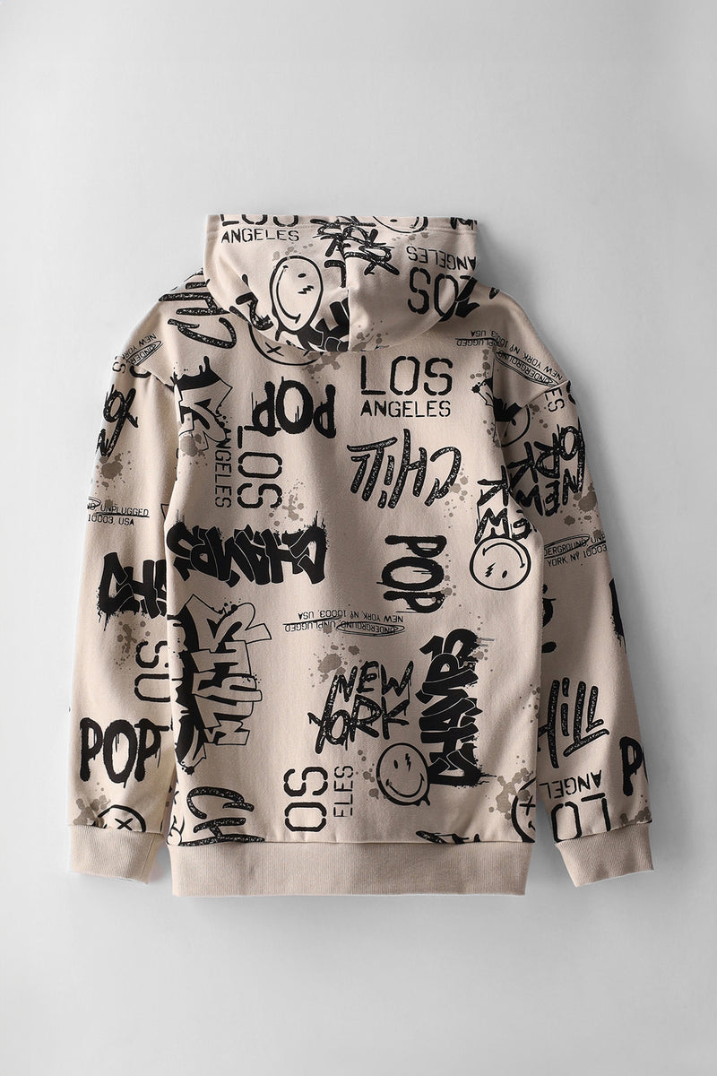 Boys Nyc Grafitti Print Hoody - Stone