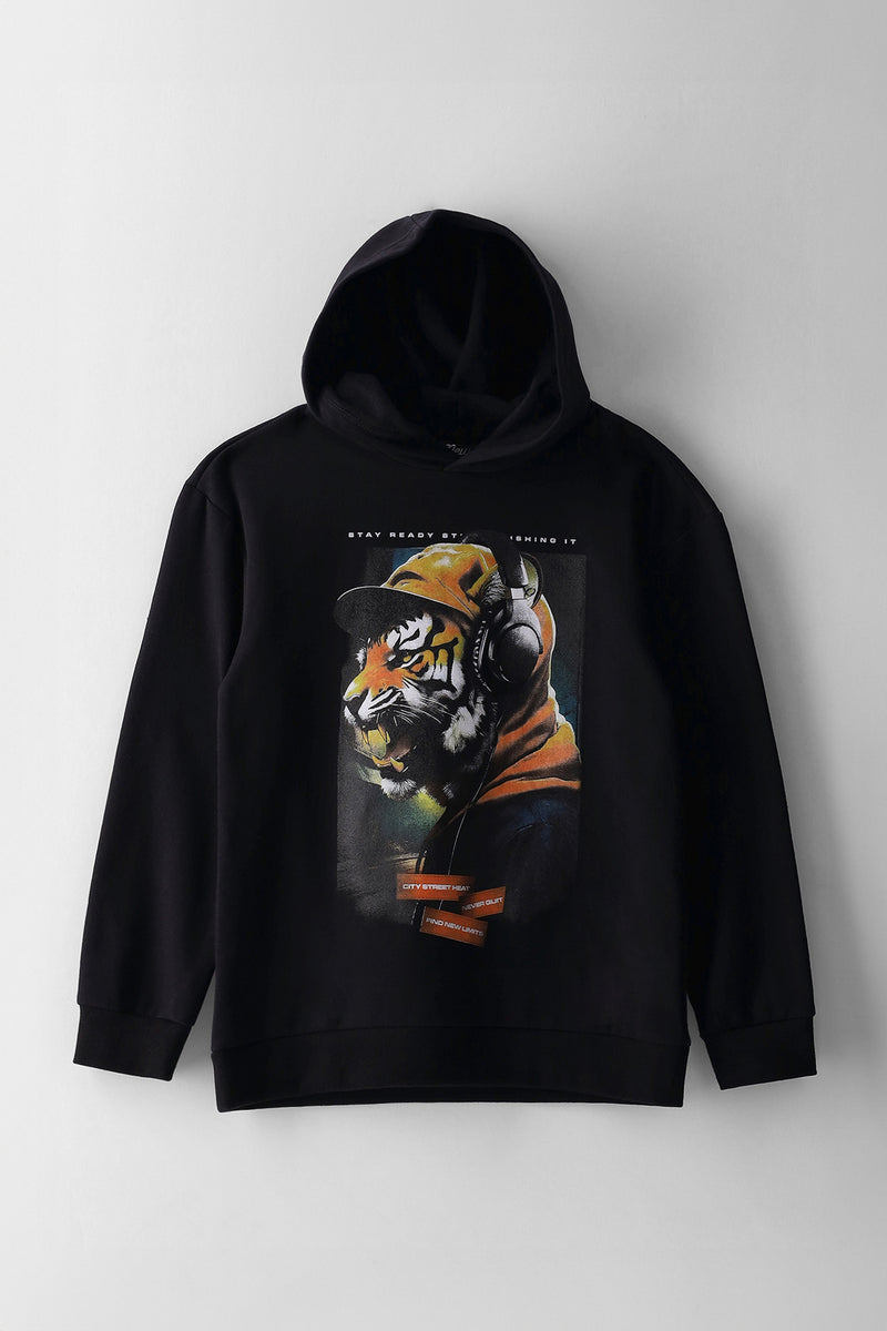 Boys Tiger Headphone Print Hoody - Black
