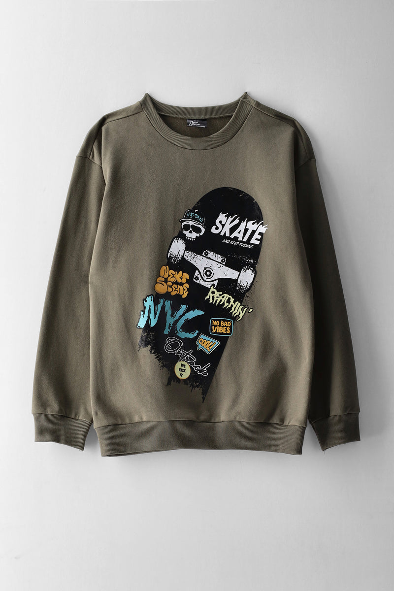 Boys Skateboard Print Fleece Crew Top - Olive