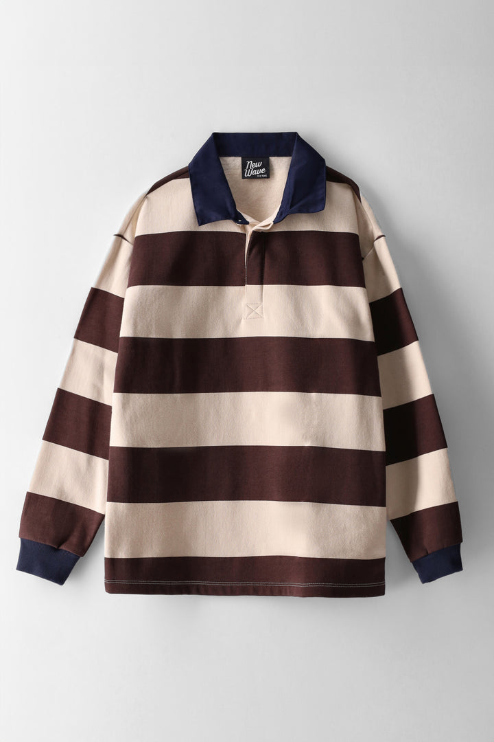 Boys Stripe Rugby Polo Fleece Top - Brown/Cream