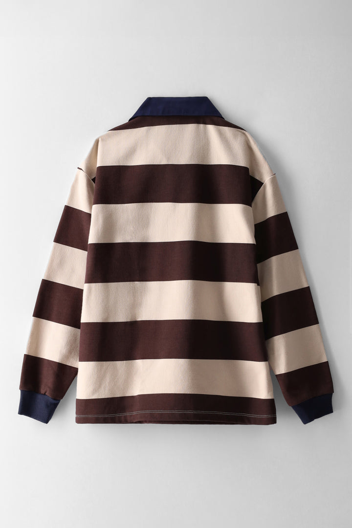 Boys Stripe Rugby Polo Fleece Top - Brown/Cream