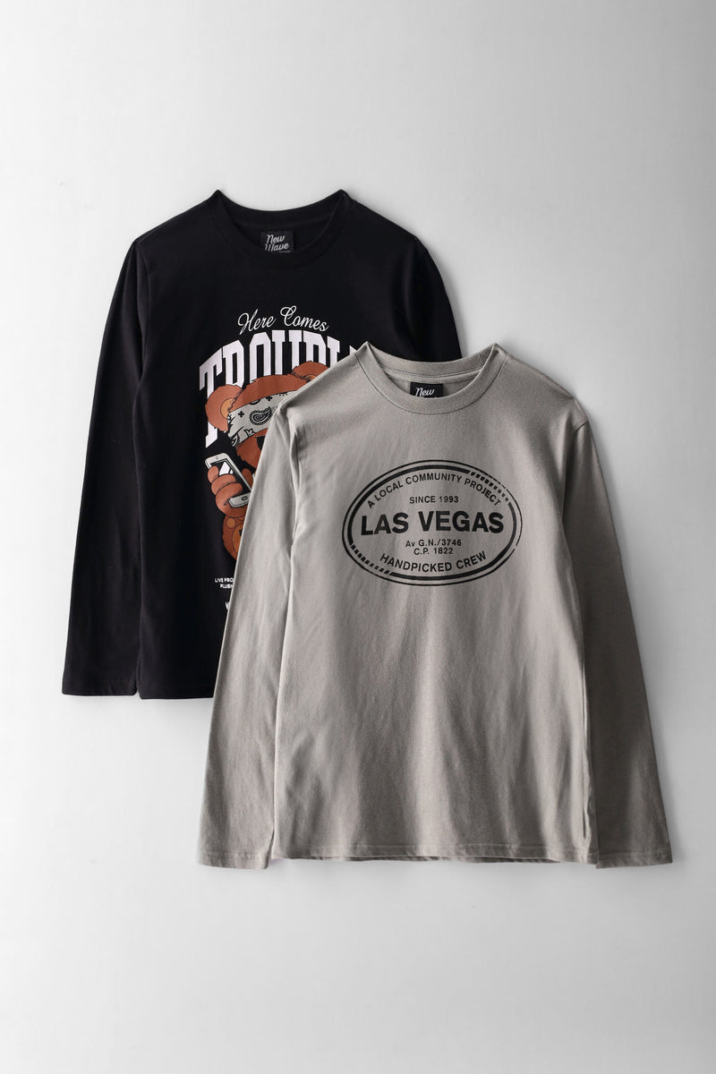 Boys 2 Pack Teddy Long Sleeve Tee - Black/Sage
