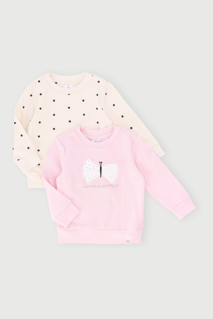 Baby Girls 2 Pack Butterfly Polka Dot Sweat Top - Pink