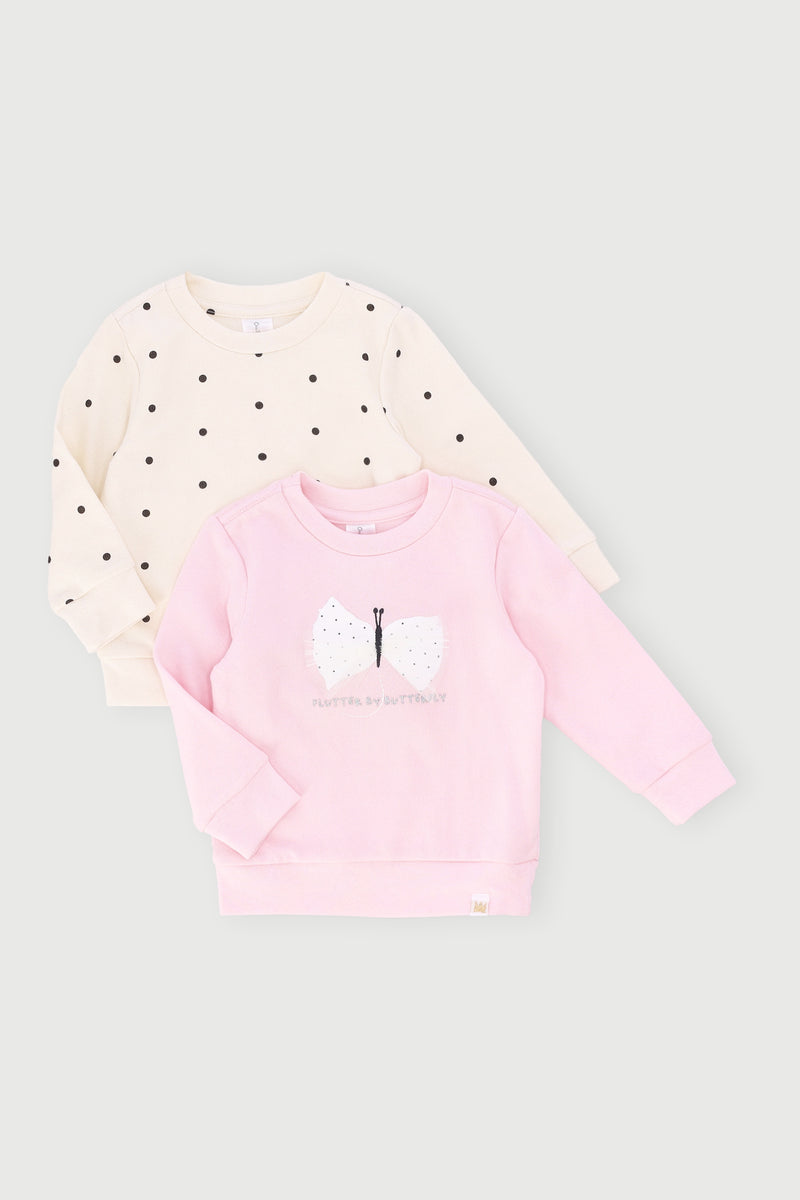 Baby Girls 2 Pack Butterfly Polka Dot Sweat Top - Pink