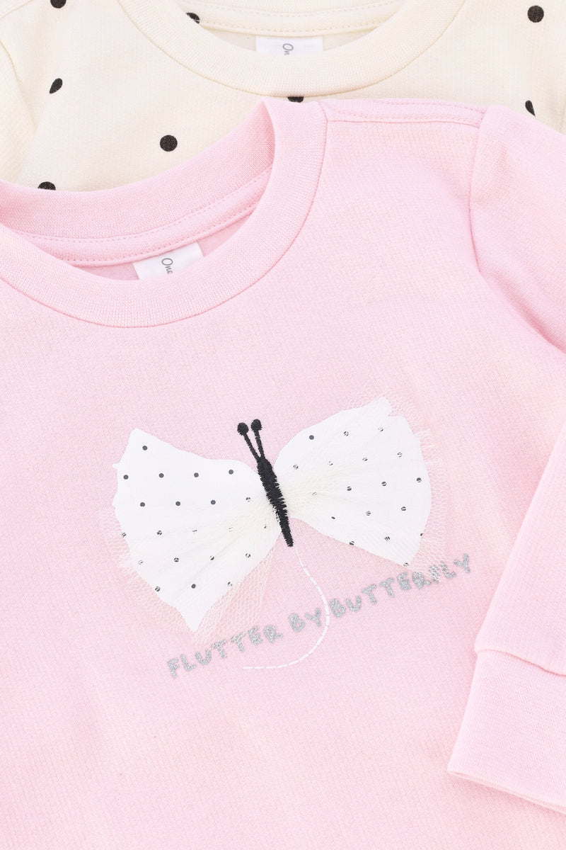 Baby Girls 2 Pack Butterfly Polka Dot Sweat Top - Pink