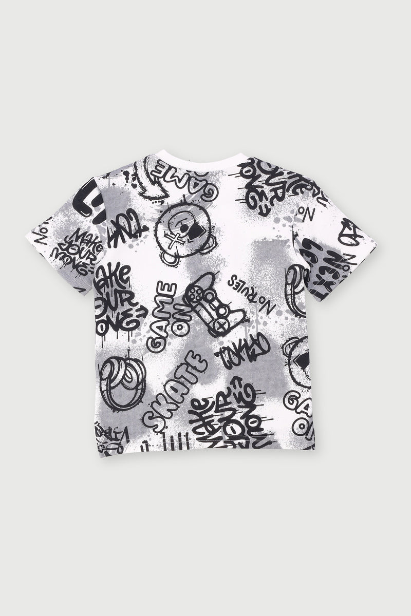 Pre-Boys Teddy Print Graffiti Fleece Crew Top - Cream