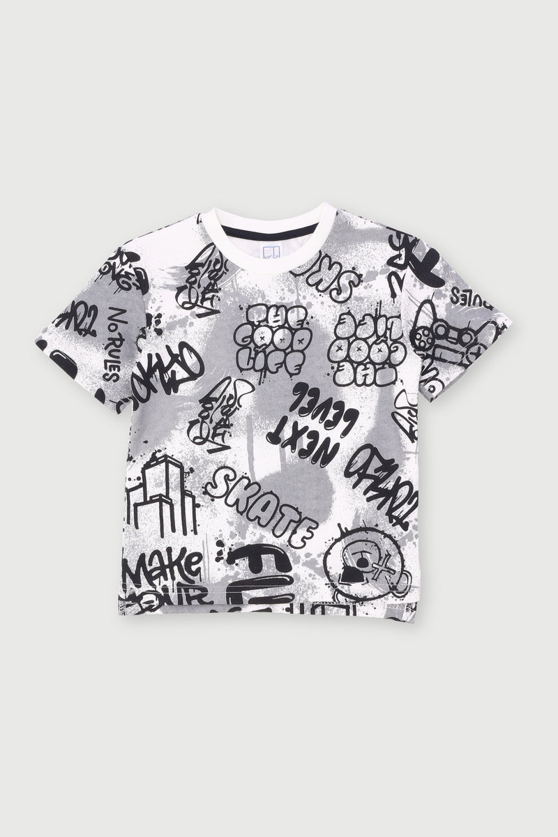 Pre-Boys Teddy Print Graffiti Fleece Crew Top - Cream