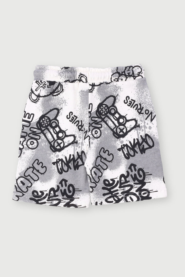 Pre-Boys Teddy Print Graffiti Fleece Short - Cream