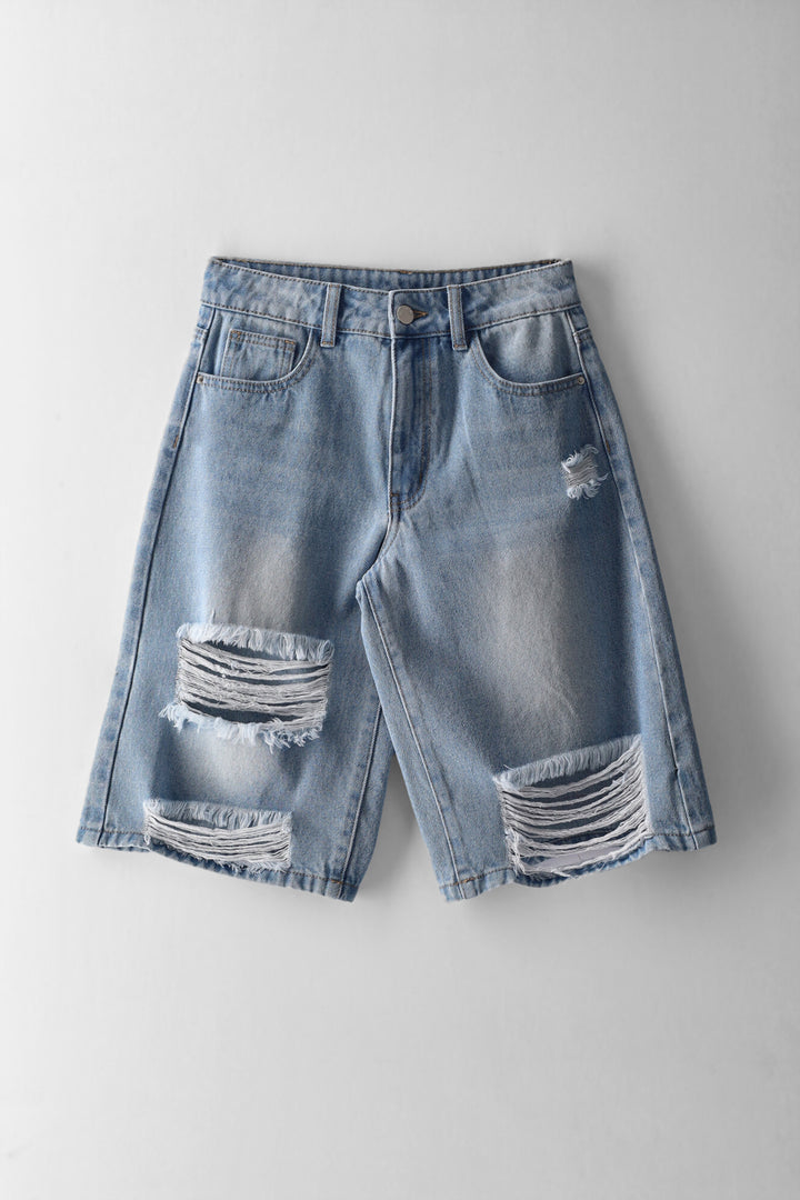 Girls Hem Abrasion Detail Bermuda Denim - Mid Blue