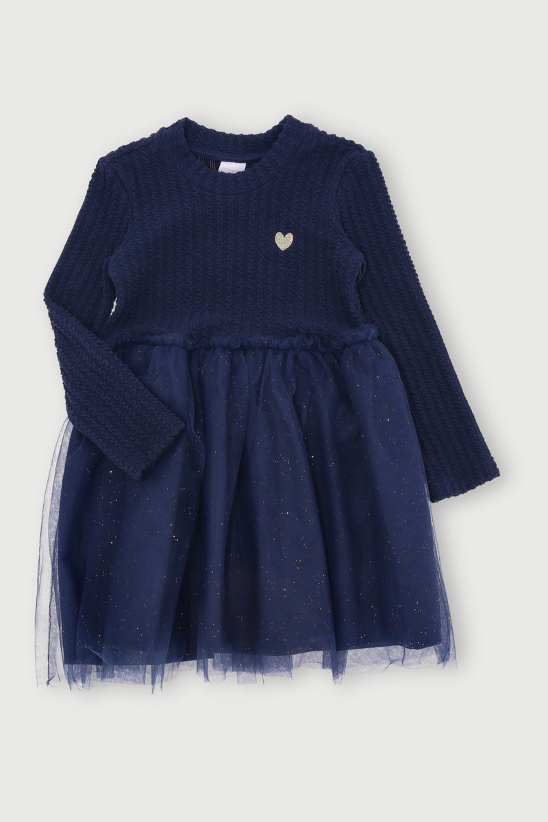 Pre-Girls Long Sleeve Crinkle Mesh Dress - Navy