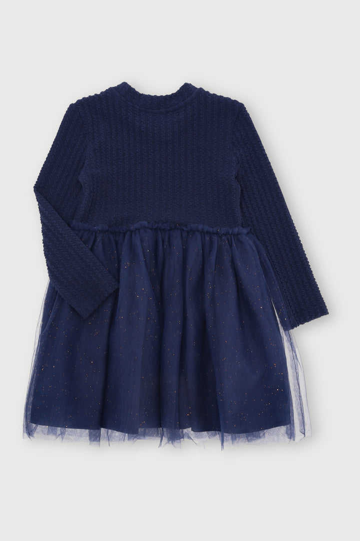 Pre-Girls Long Sleeve Crinkle Mesh Dress - Navy