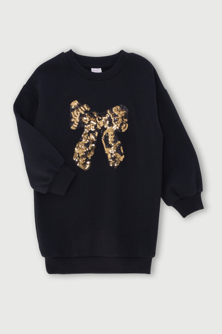 Pre-Girls Long Sleeve Fleece Sequin Dress - Black