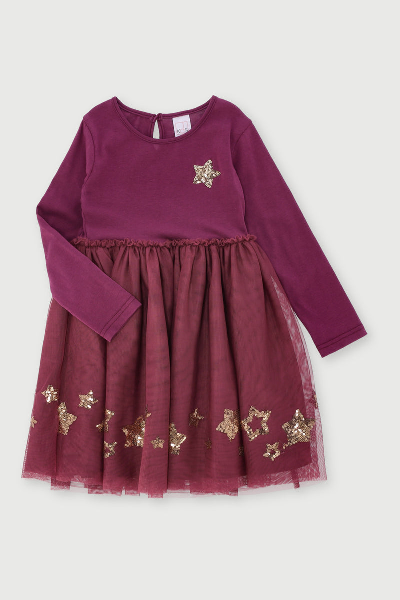 Pre-Girls Long Sleeve Rib Mesh Dress - Burgundy