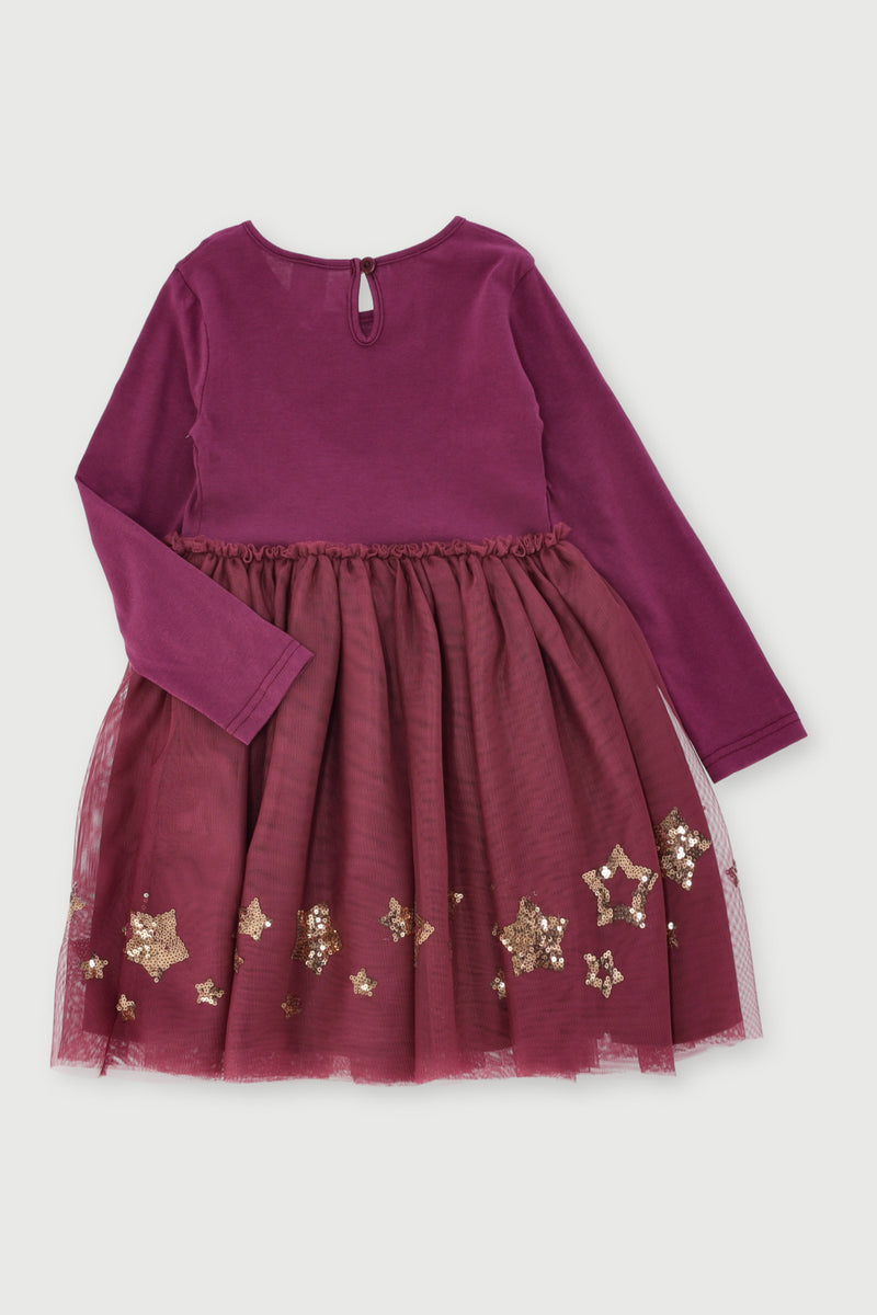 Pre-Girls Long Sleeve Rib Mesh Dress - Burgundy