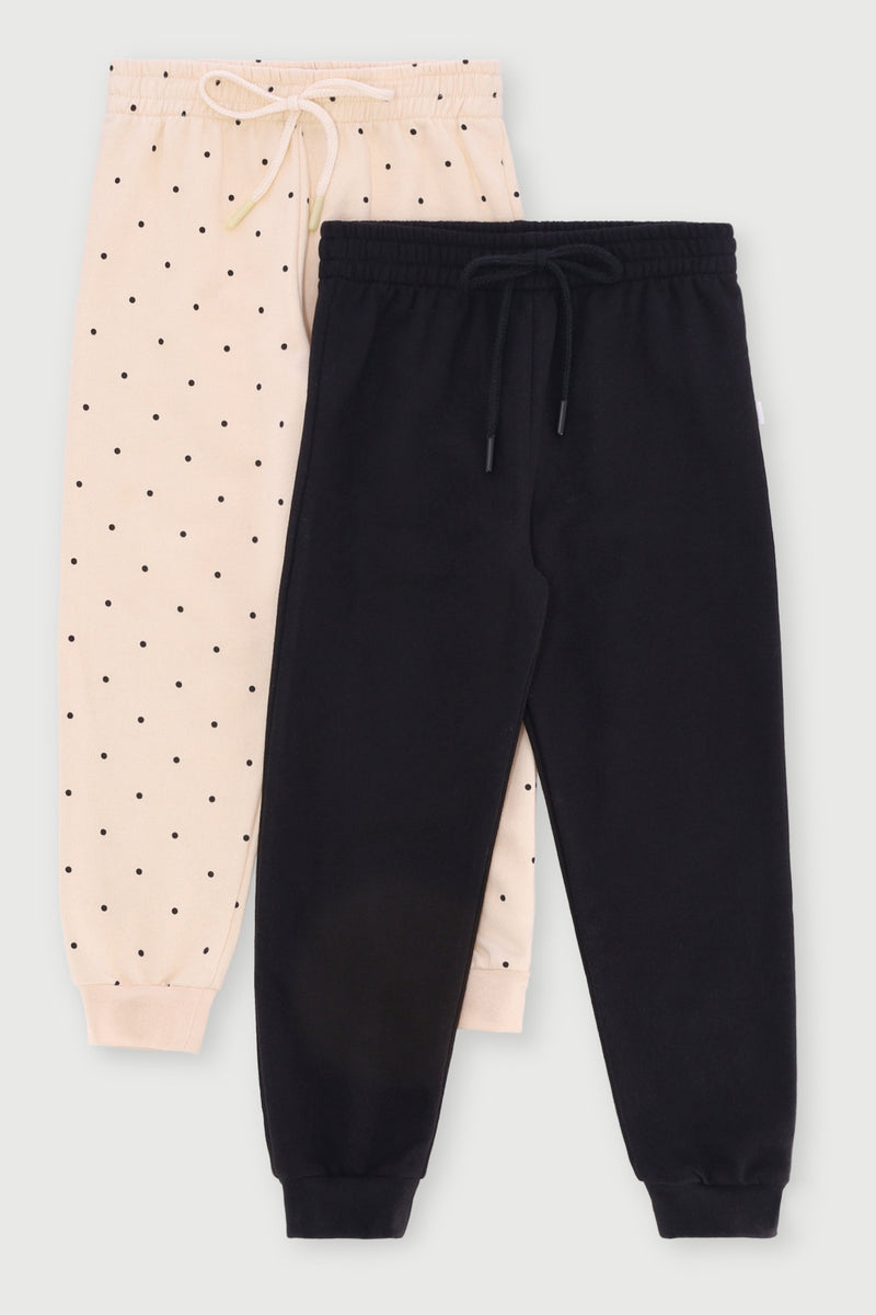 Pre-Girls 2 Pack Teddy & Polka Fleece Jogger - Black/Cream