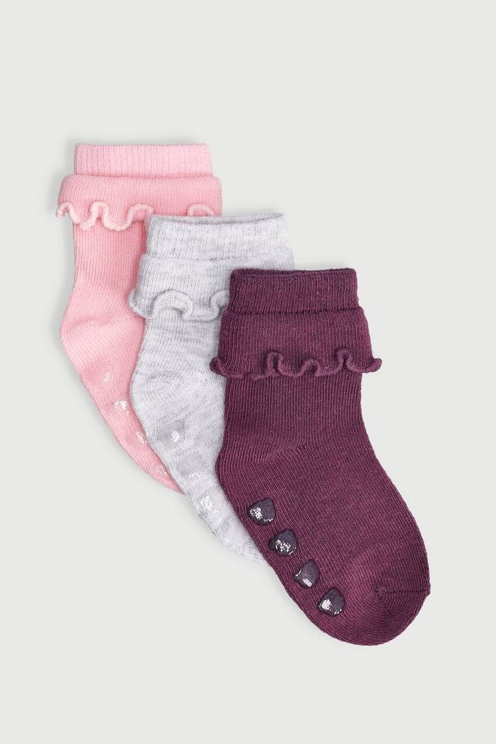 Baby Girls 3 Pack Plain Ruffles Socks - Grape