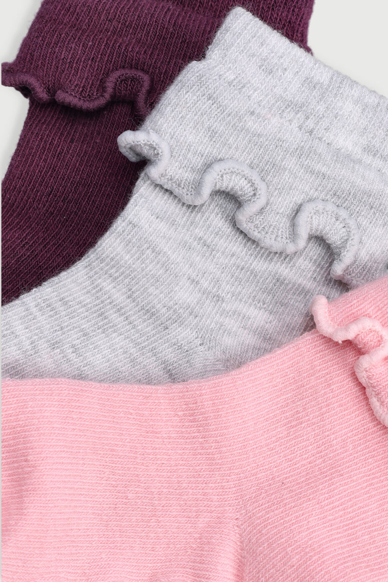 Baby Girls 3 Pack Plain Ruffles Socks - Grape