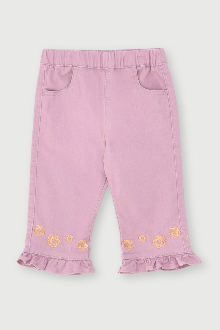 Baby Girls Frill Hem Embroidery Twill Pants - Dusty Pink