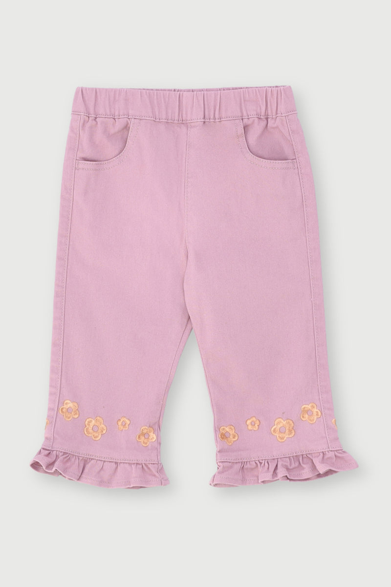 Baby Girls Frill Hem Embroidery Twill Pants - Dusty Pink