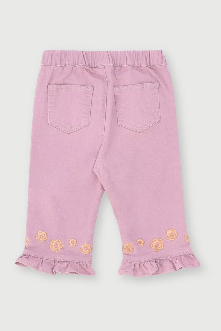 Baby Girls Frill Hem Embroidery Twill Pants - Dusty Pink