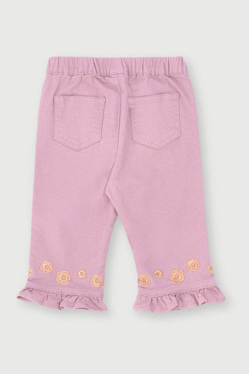 Baby Girls Frill Hem Embroidery Twill Pants - Dusty Pink