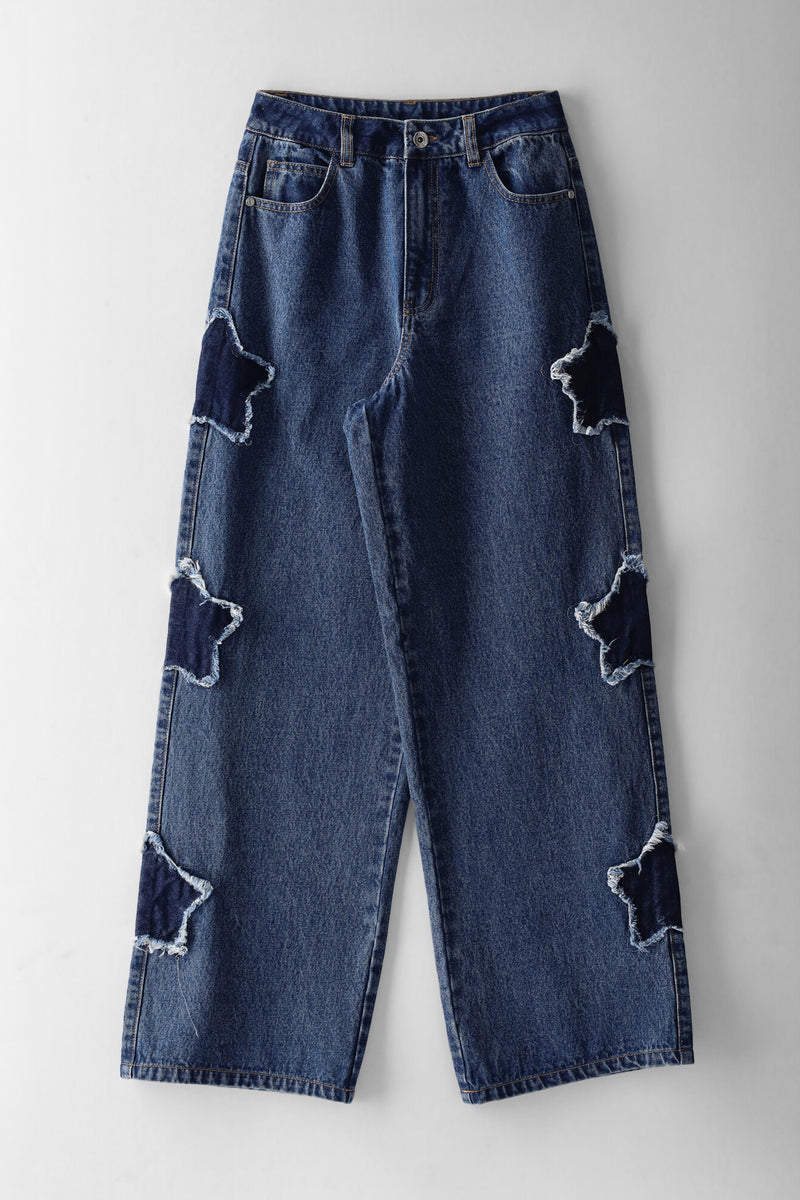Girls Side Detail Star Wide Leg Denim - Mid Blue