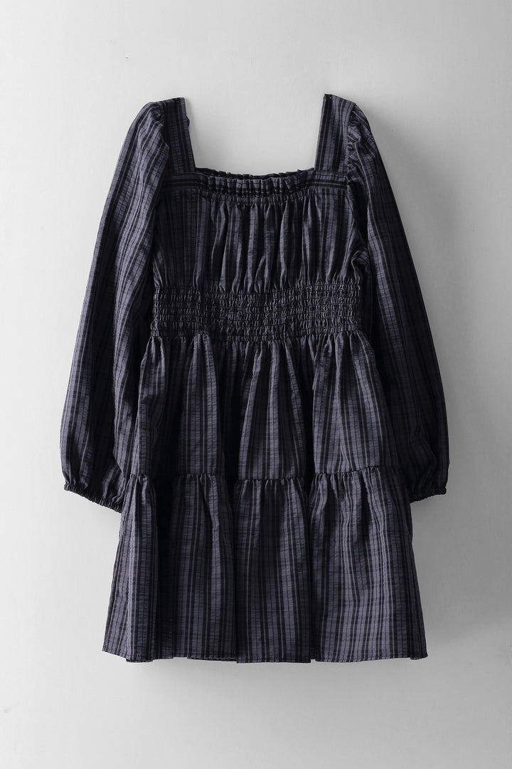 Girls Tiered Check Long Sleeve Shirred Detail Dress - Charcoal