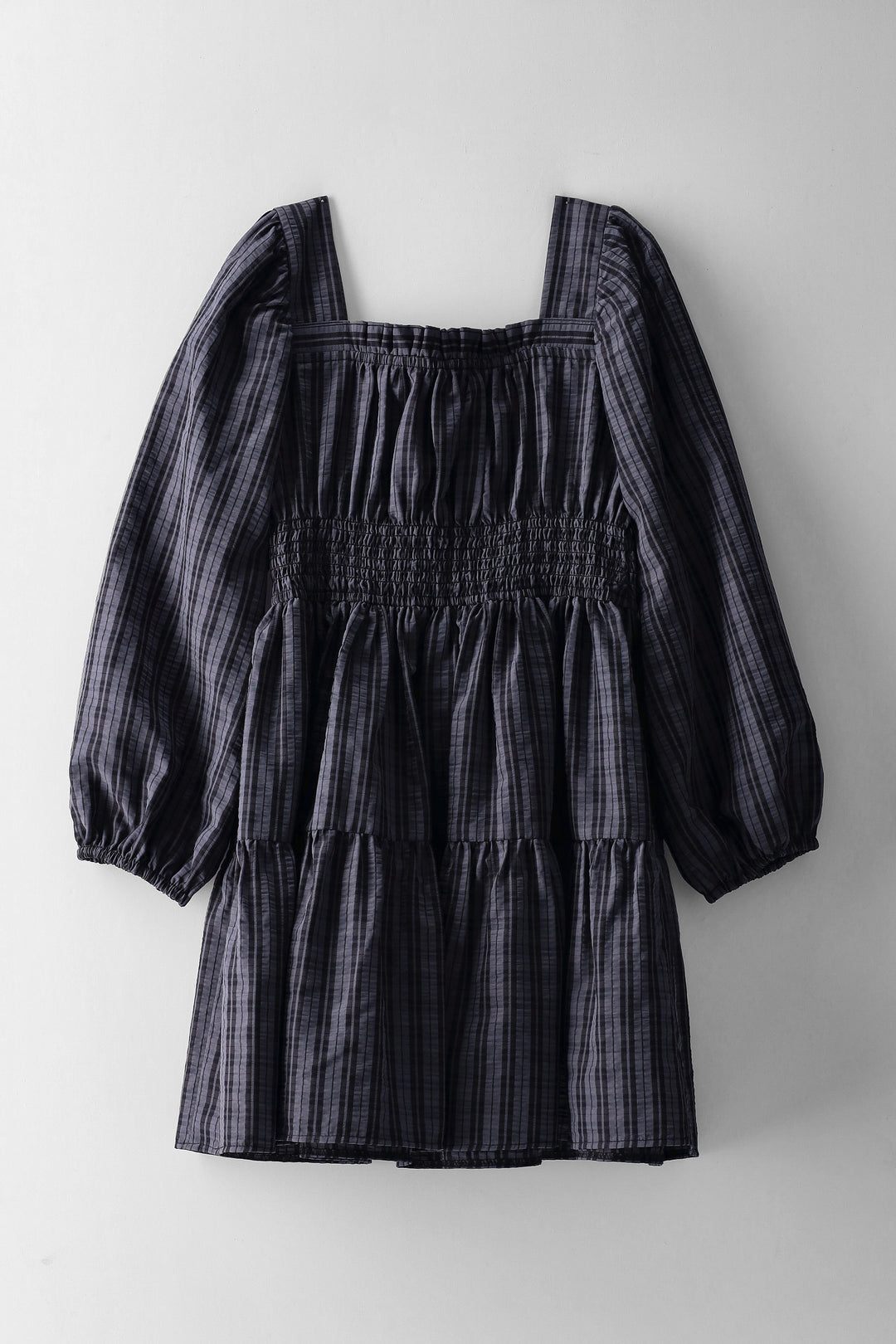 Girls Tiered Check Long Sleeve Shirred Detail Dress - Charcoal