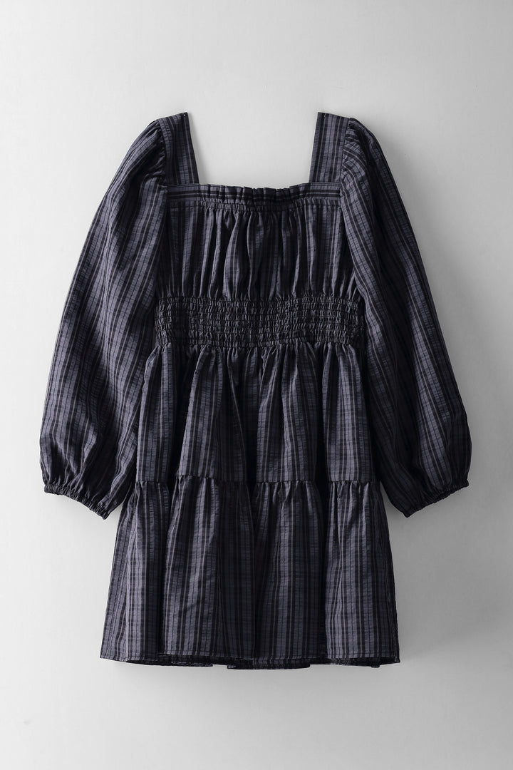 Girls Tiered Check Long Sleeve Shirred Detail Dress - Charcoal