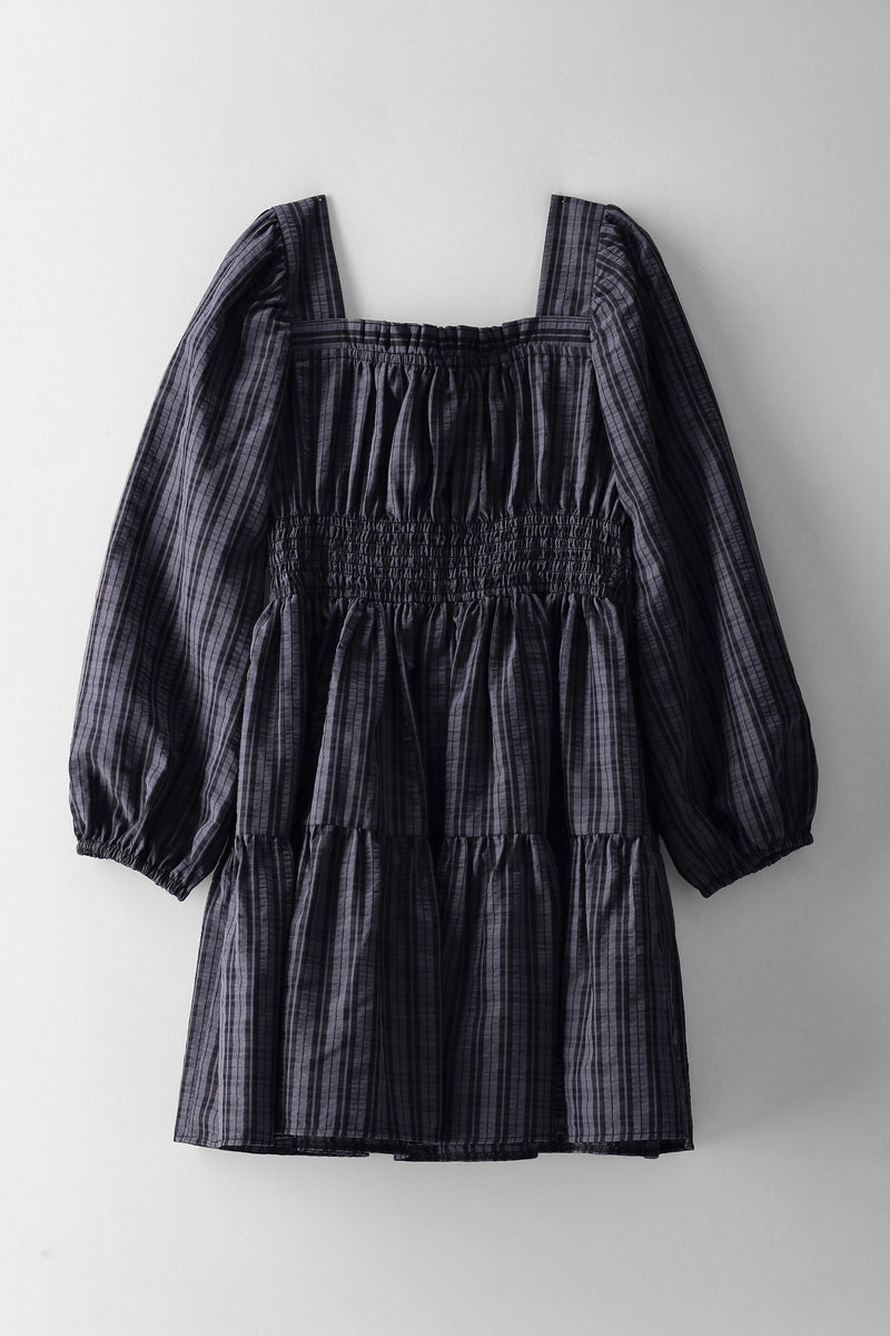 Girls Tiered Check Long Sleeve Shirred Detail Dress - Charcoal
