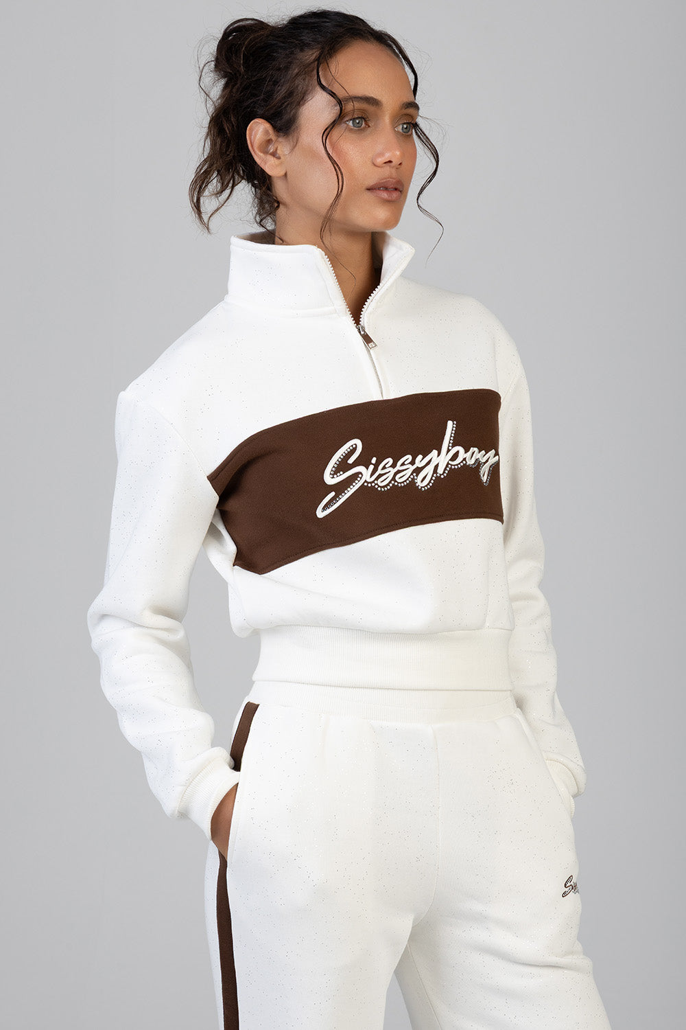Colour Block Quarter Zip Tracktop - Off White