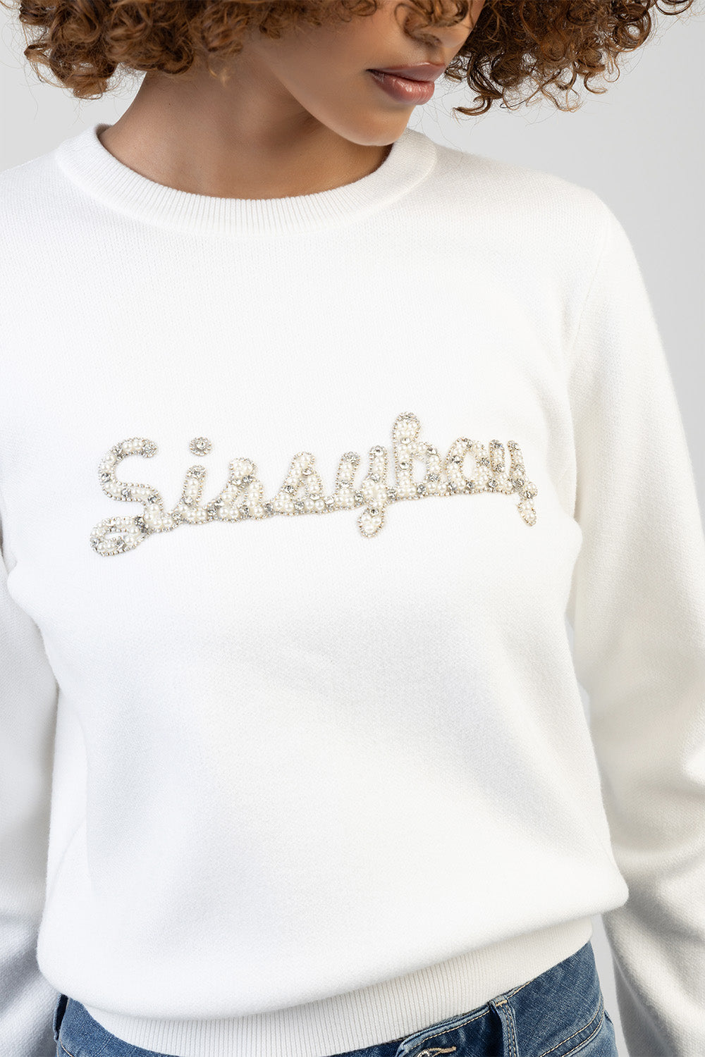 Bling Logo Pearl Knit Top - Off White