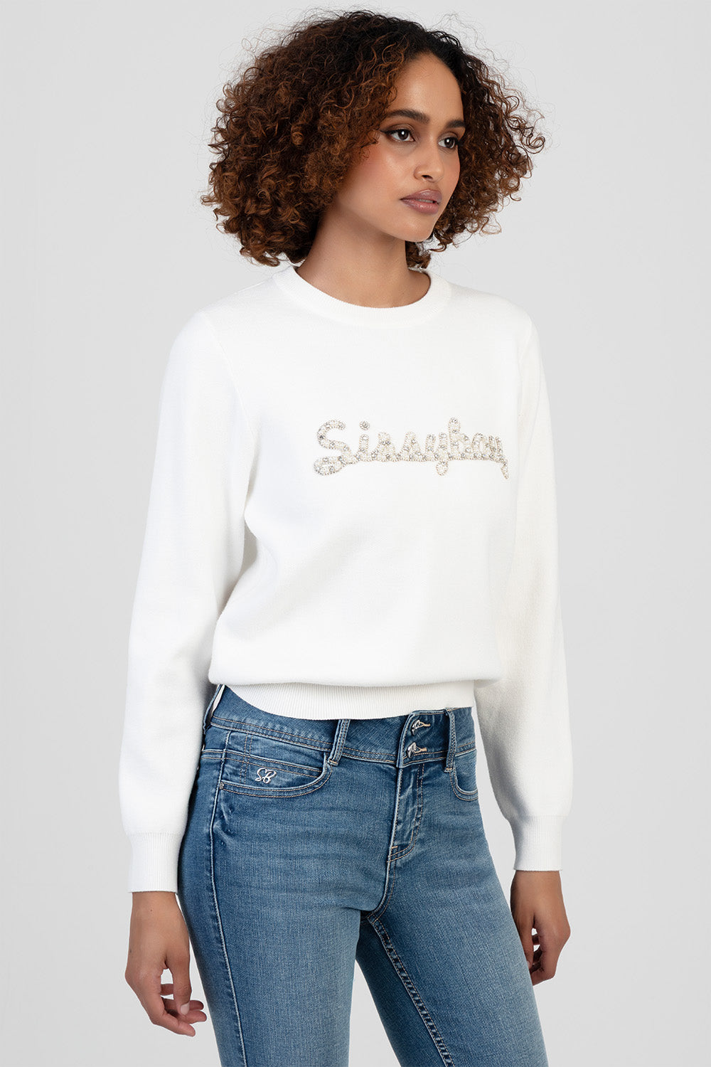 Bling Logo Pearl Knit Top - Off White
