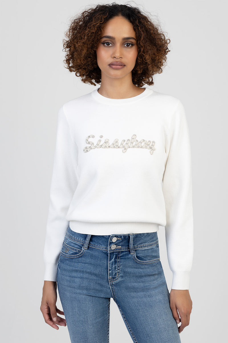 Bling Logo Pearl Knit Top - Off White