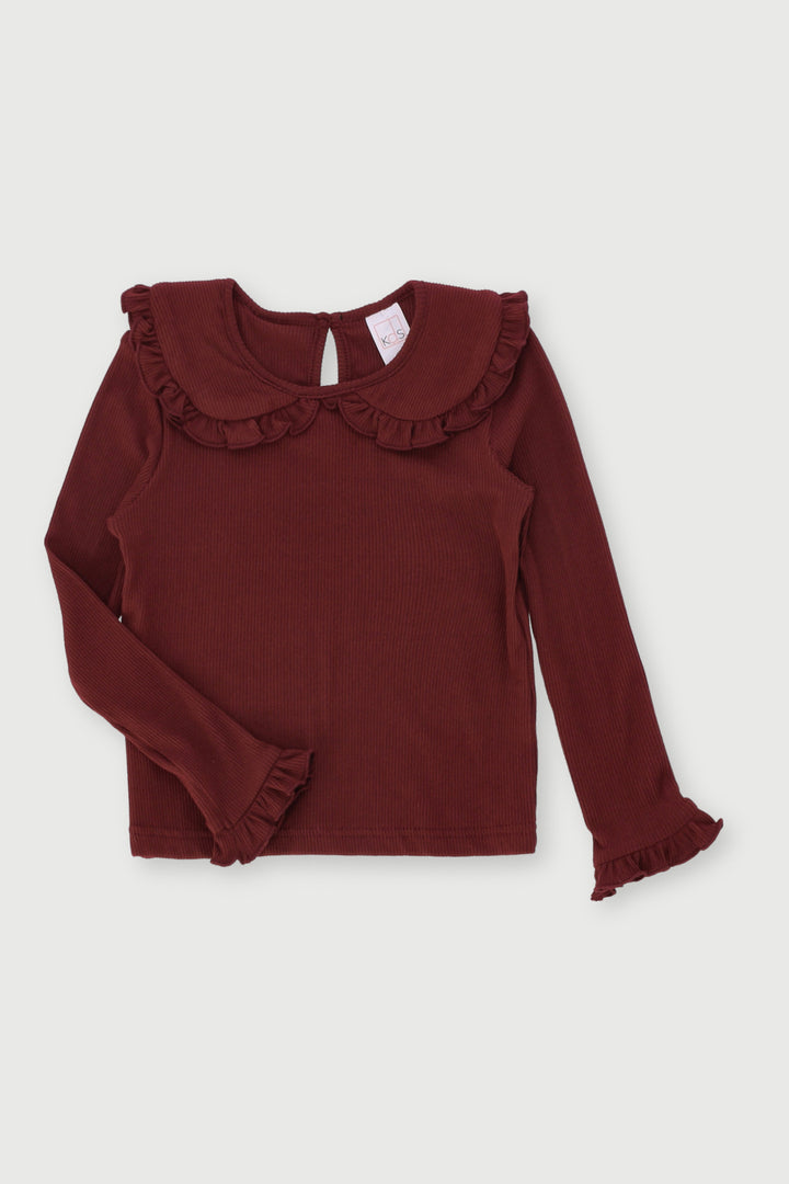Pre-Girls Peter Pan Long Sleeve Rib Top - Burgundy