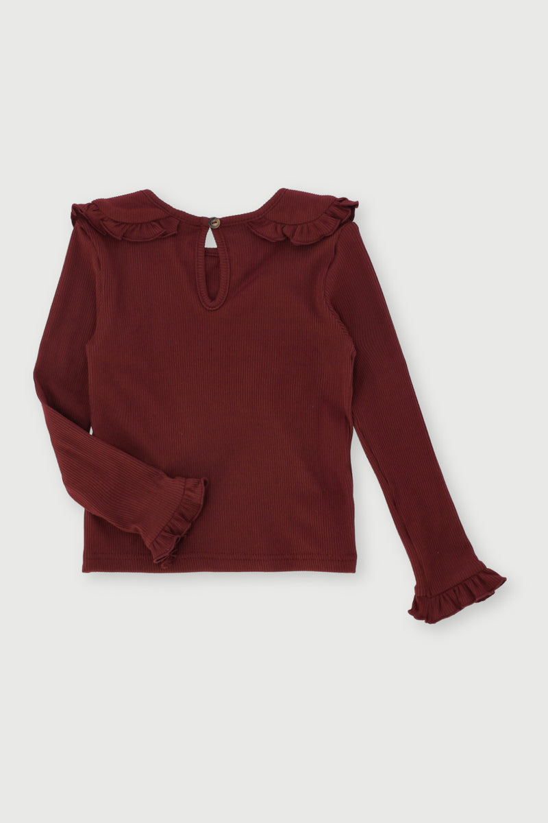 Pre-Girls Peter Pan Long Sleeve Rib Top - Burgundy