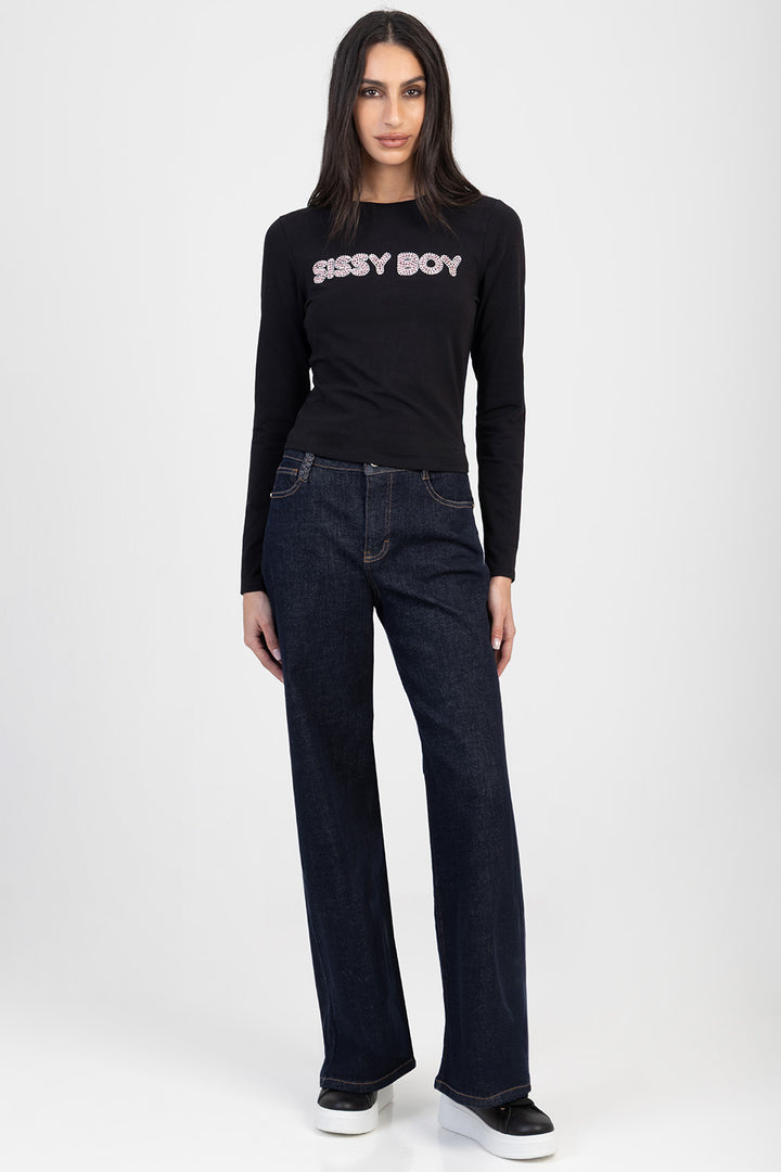 Long Sleeve Brand Transfer Baby Tee - Black