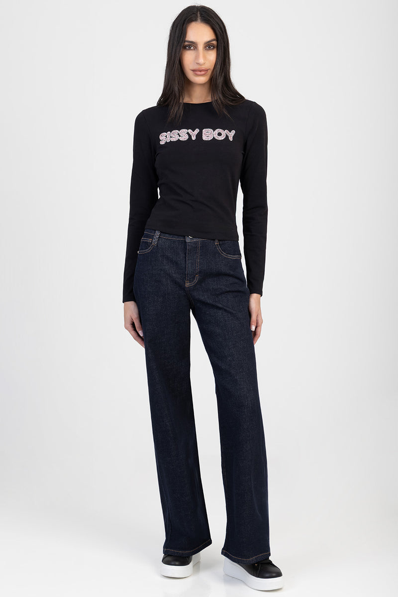 Long Sleeve Brand Transfer Baby Tee - Black