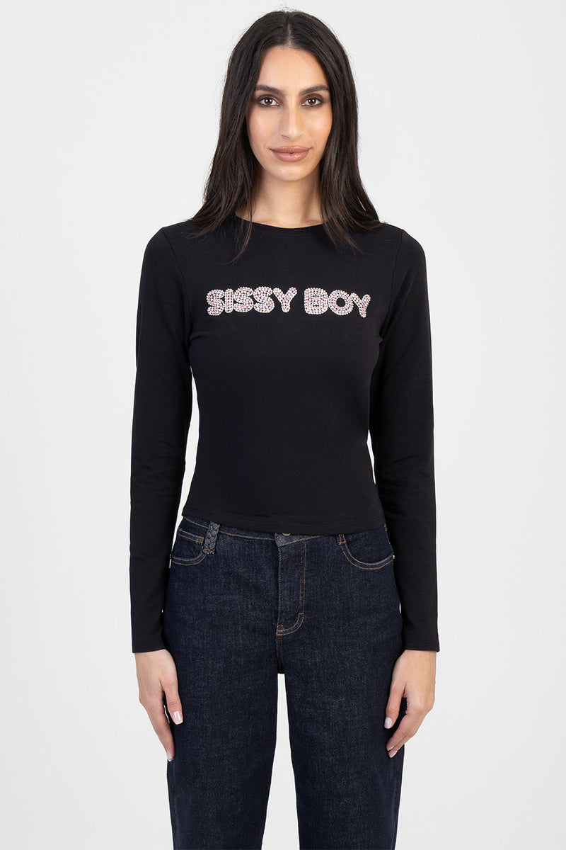 Long Sleeve Brand Transfer Baby Tee - Black