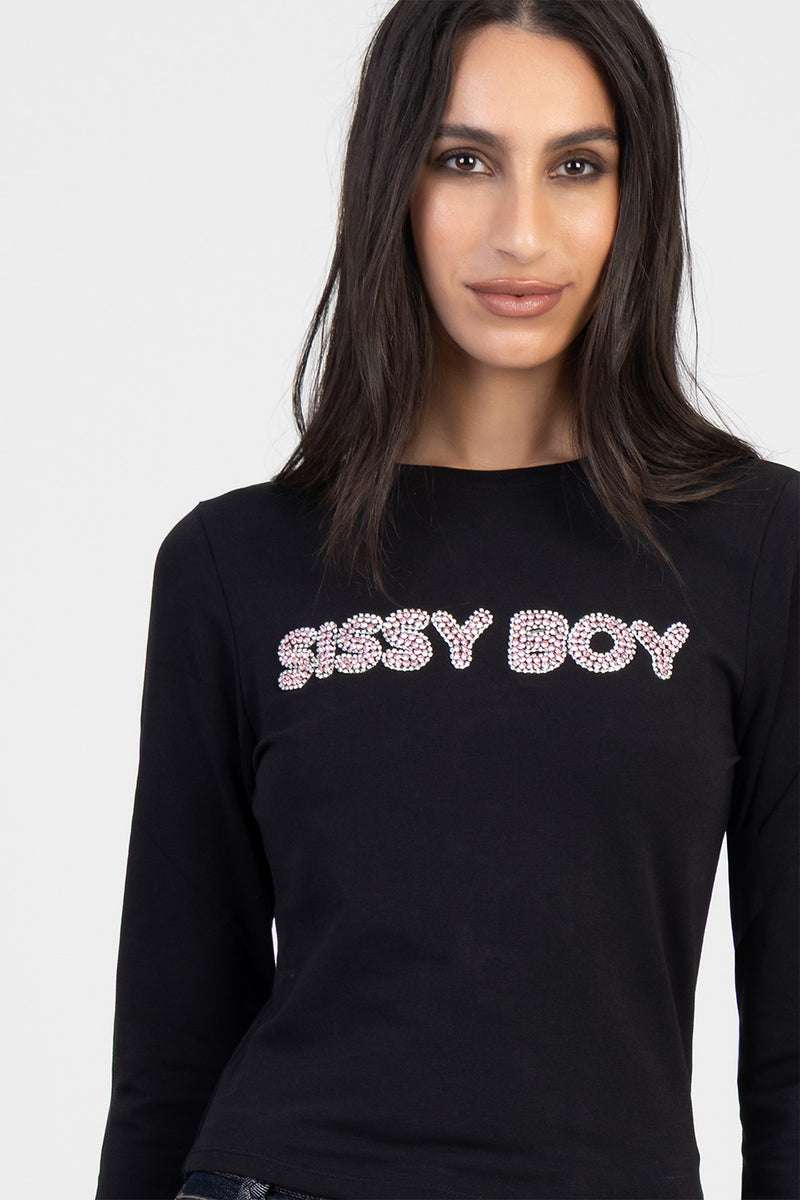 Long Sleeve Brand Transfer Baby Tee - Black
