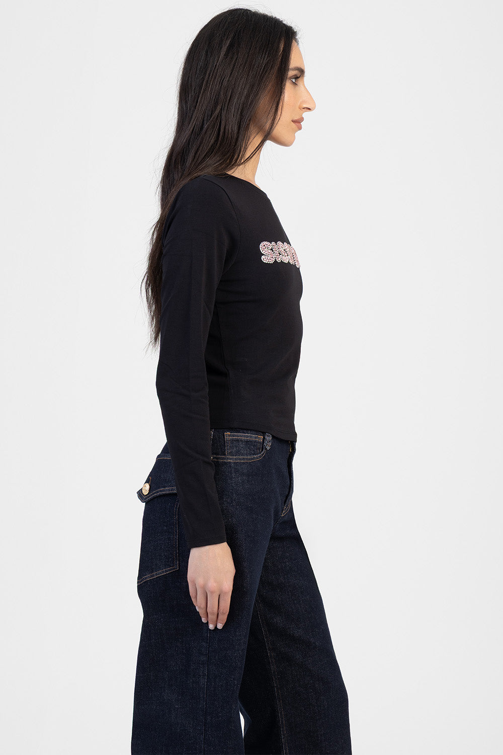 Long Sleeve Brand Transfer Baby Tee - Black