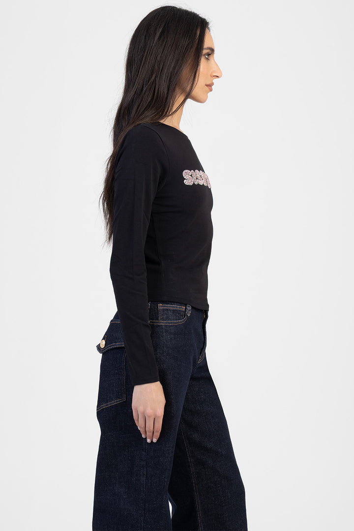 Long Sleeve Brand Transfer Baby Tee - Black
