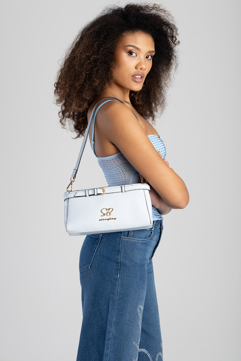 Structured Shoulder Bag With Gold Trim - Aqua Blue