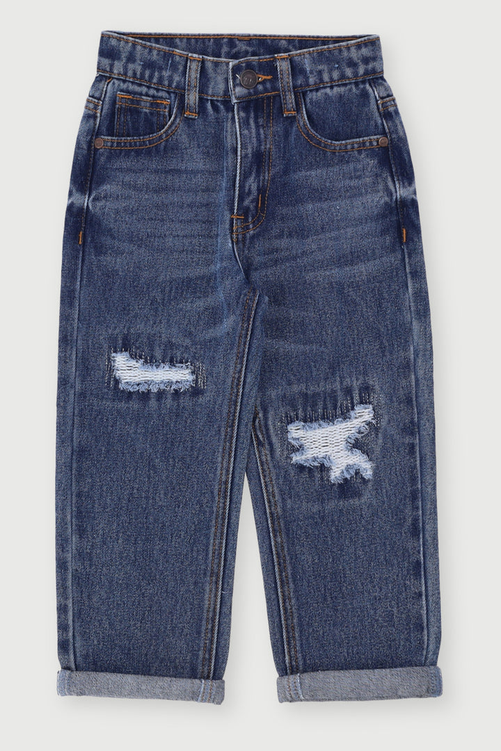 Pre-Boys Loose Fit Abrasion Denim - Dark Blue